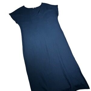 LINENFOX Maxi Dress Blue V Neck Short Sleeve Casual Linen Women's M Lagenlook